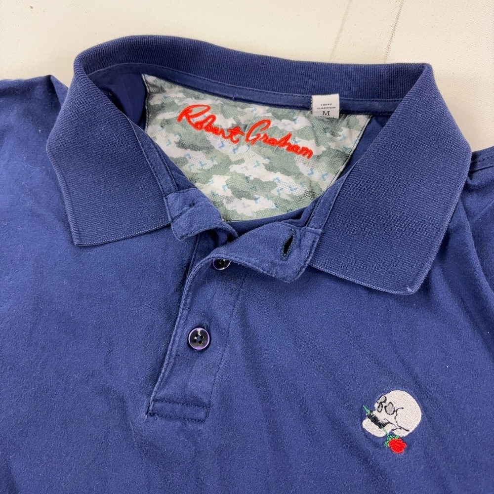 Robert Graham Polo Shirt Mens M Blue Cotton Knit Short Sleeve Skull Rose Logo
